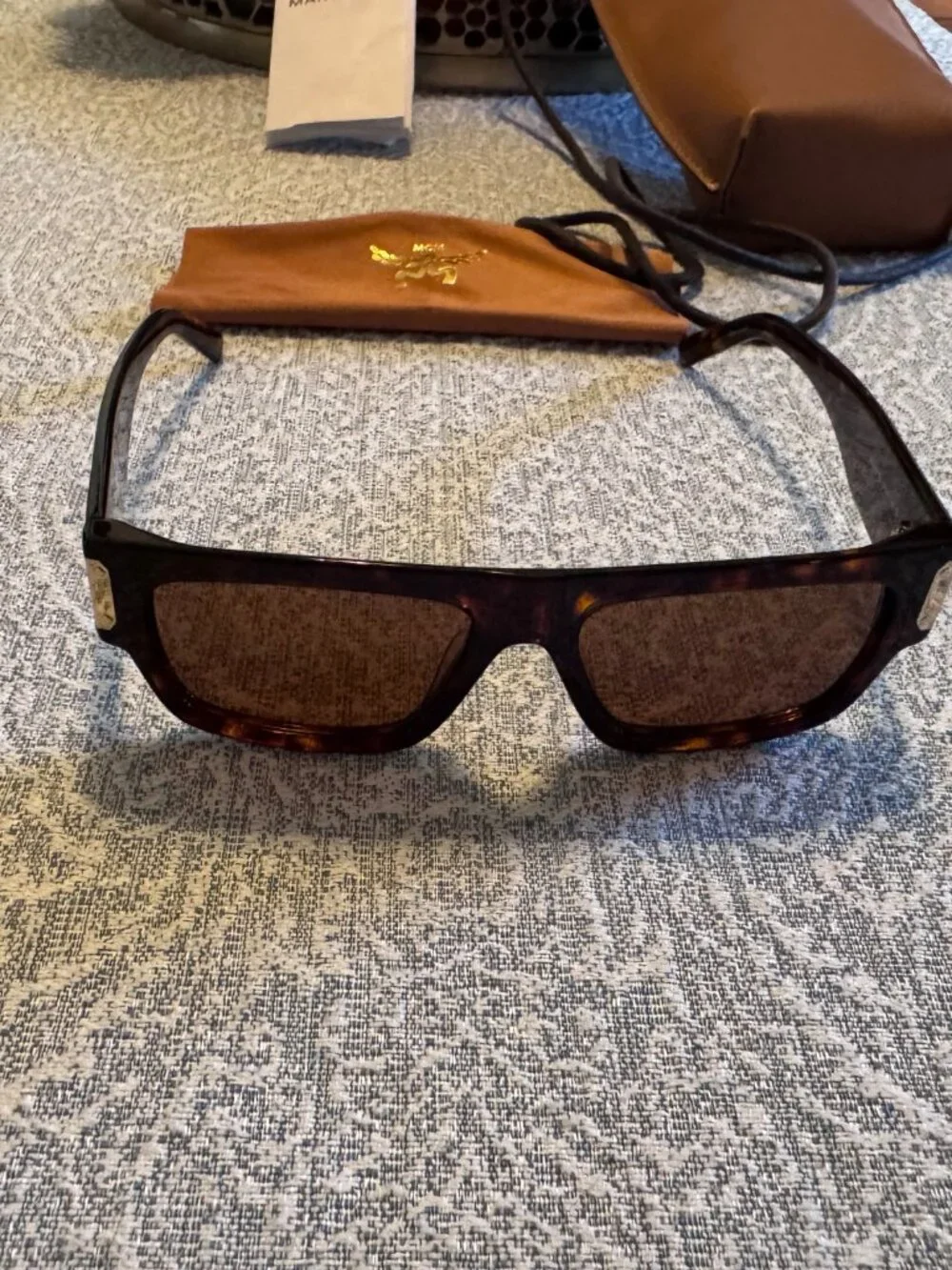 NWT MCM Unisex Square Sunglasses Full Set + Cognac Crossbody Pouch Case